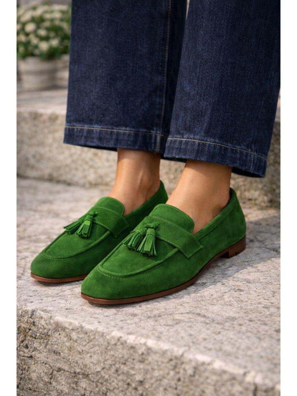 SOPHIQUE Milano Green Suede Tassel Loafers Women’s Size 41 Made in Italy Suede